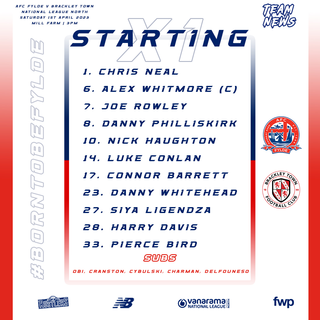 AFCFylde's tweet photo. 🗞️ Your Coasters line-up for this afternoon's @TheVanaramaNL North clash against @BrackleyTownFC...

◻️ Four changes from Tuesday night
◻️ Captain @alexxwhitmoree is in 
◻️ @SiyabongaLigen3 returns from injury and starts

#BornToBeFylde https://t.co/sb7cGyumhv