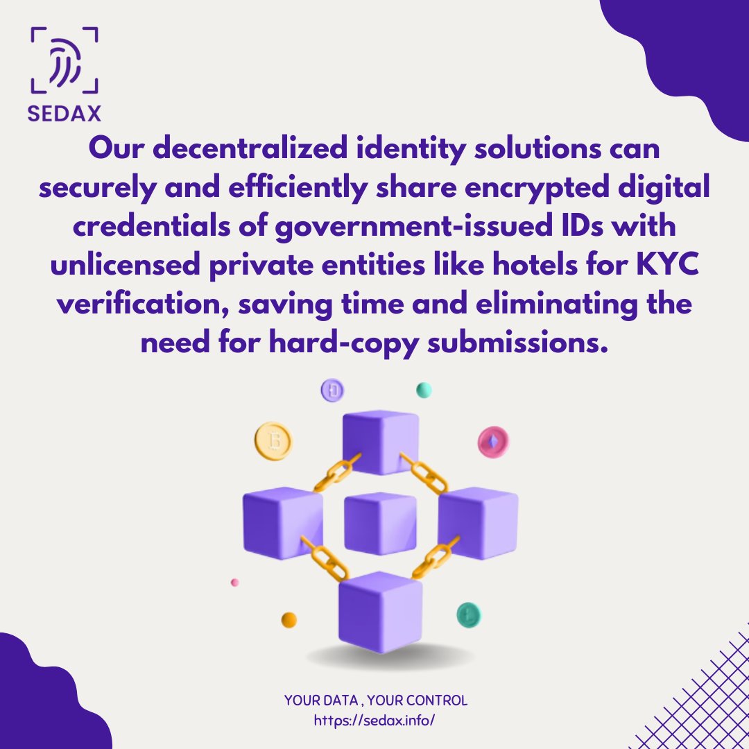 Sedax_DS's tweet photo. Protect your personal data and say goodbye to hard-copy submissions of Government issued IDs with Sedax Data Solutions' decentralized identity solution. Our encrypted digital credentials make KYC verification efficient and secure. 
.
.
.
.
#EncryptedKYC #sedaxdatasolutions https://t.co/mgzxThH2S7