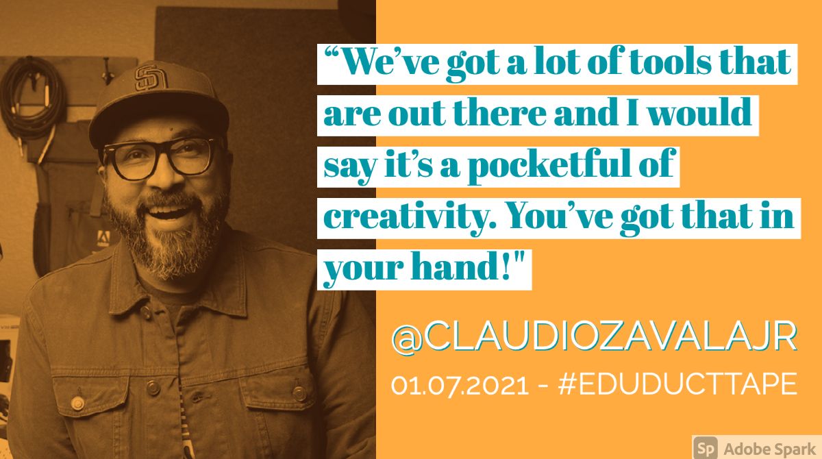 JakeMillerEdu's tweet photo. ✏️ “We’ve got a lot of tools that are out there &amp; I would say it’s a pocketful of creativity. You’ve got that in your hand!" - @ClaudioZavalaJr on the #EduDuctTape Podcast!

Tune in to hear Claudio share 9️⃣ different tools for students to use!

https://t.co/53ZlhTtHtr #PodcastEdu https://t.co/2KB9eV7HAv
