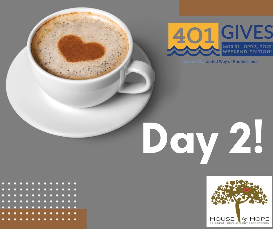 houseofhopecdc's tweet photo. Day 2 of the 401Gives Day Weekend Edition is upon us and we are half way to our goal! The first 5 donors to make a donation of $20 or more will receive a $10 gift card to Dunkin Donuts! Make a difference now by visiting - https://t.co/on5R5NeqQy https://t.co/uEB9Pb3kU6