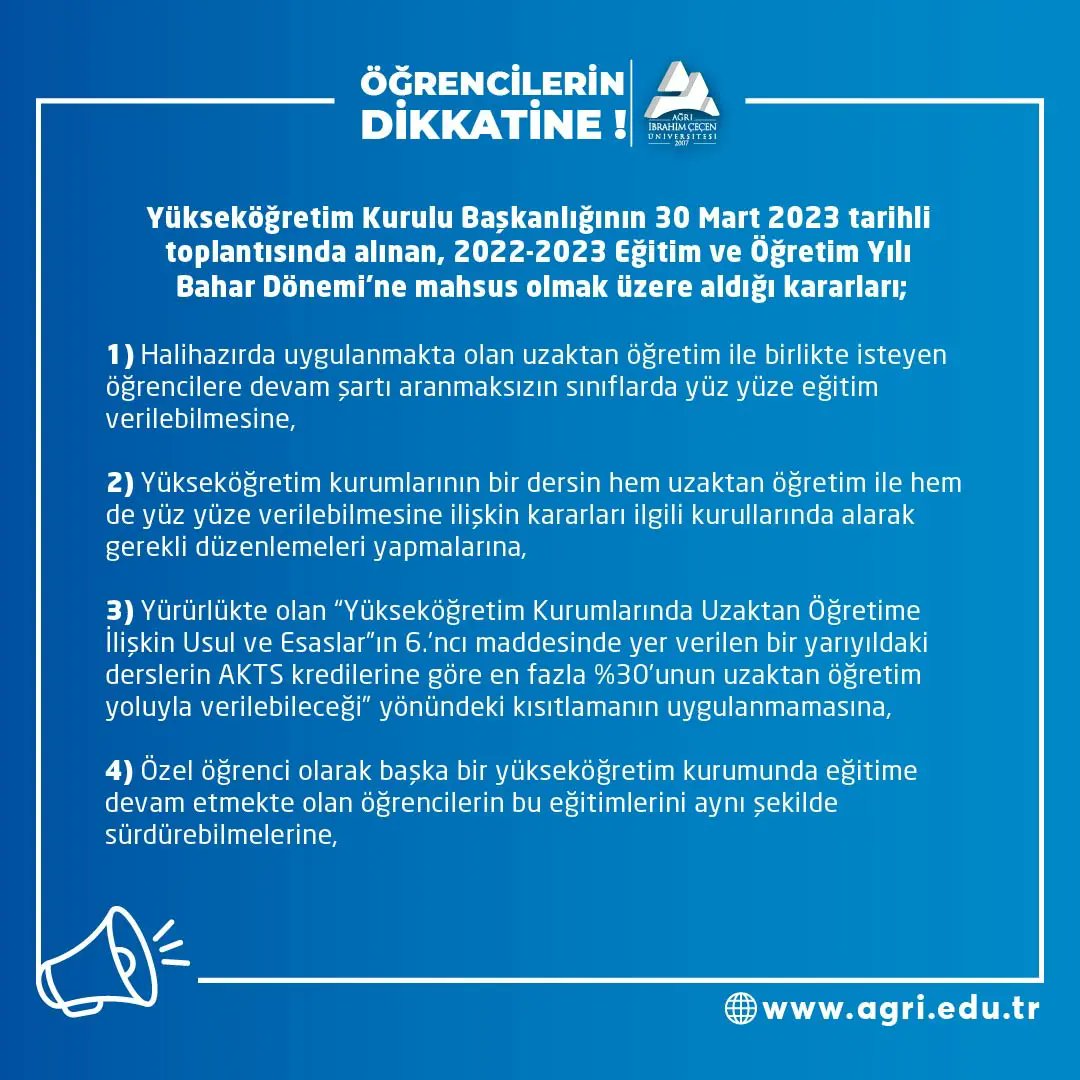 aicuni2007's tweet photo. Öğrencilerimizin Dikkatine ‼️

1️⃣ 2022-2023 Eğitim ve Öğretim Yılı Bahar Dönemine ilişkin Üniversitemiz Senatosu tarafından Alınan Kararlar,

2️⃣2022-2023 Eğitim ve Öğretim Yılı Bahar Dönemine ilişkin Yükseköğretim Kurulu Tarafından Alınan Kararlar

#AİÇÜ #YÖK #HibritEgitim https://t.co/fDHLRNfYK5