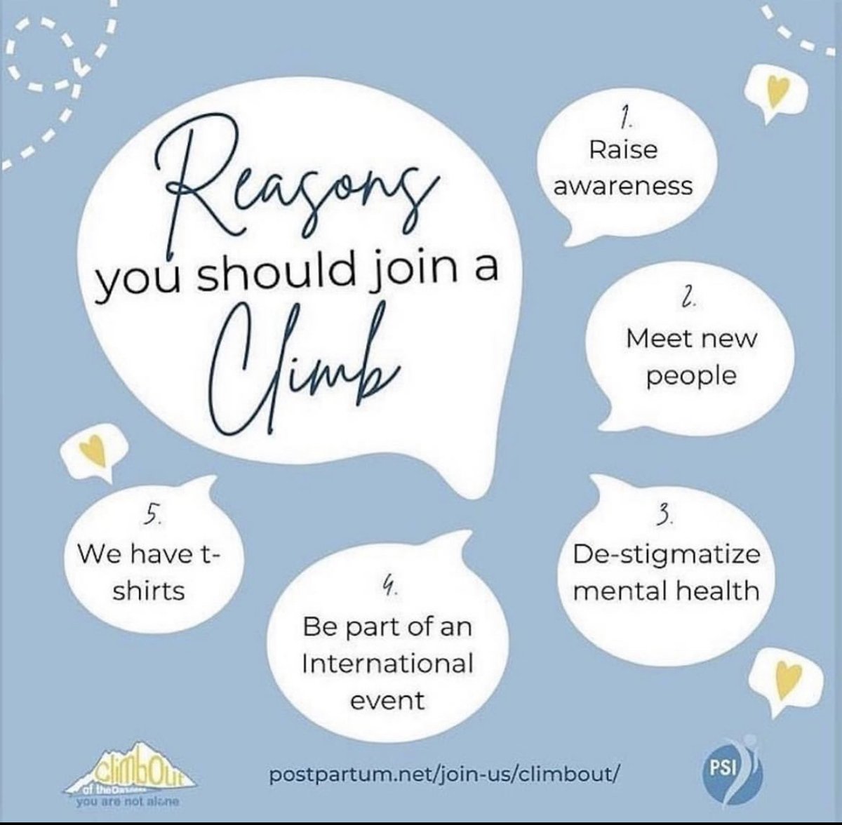 Join a climb!

#Climb2023 #COTD2023 #ClimbOut2023 #pregnancy #postpartum #newmoms 

•
•
•
•
•

@psiclimbout
@postpartumsupportinternational