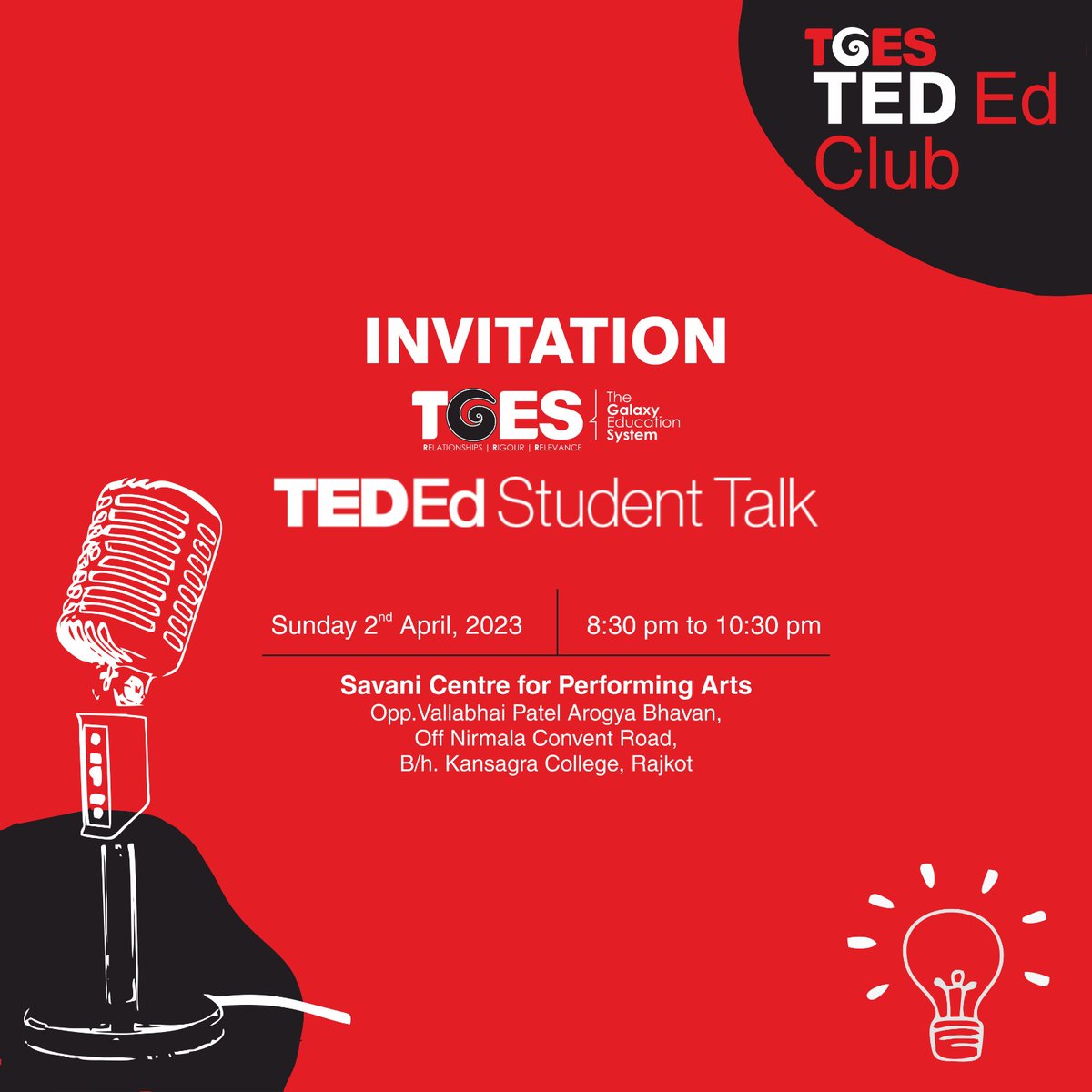 tges_org's tweet photo. The pedestal is ours!
Students of SNK 11-12 are all set to be 'Speakers' at TED-Ed Student Talk and shall be taking up various topics and issues.

When : 2nd April 

Time :
6:00pm to 8:00pm
Speakers Set 1

8:30pm to 10:30pm
Speakers Set 2

Where:
Savani Centre For Performing Arts https://t.co/c1pe7qn99Q