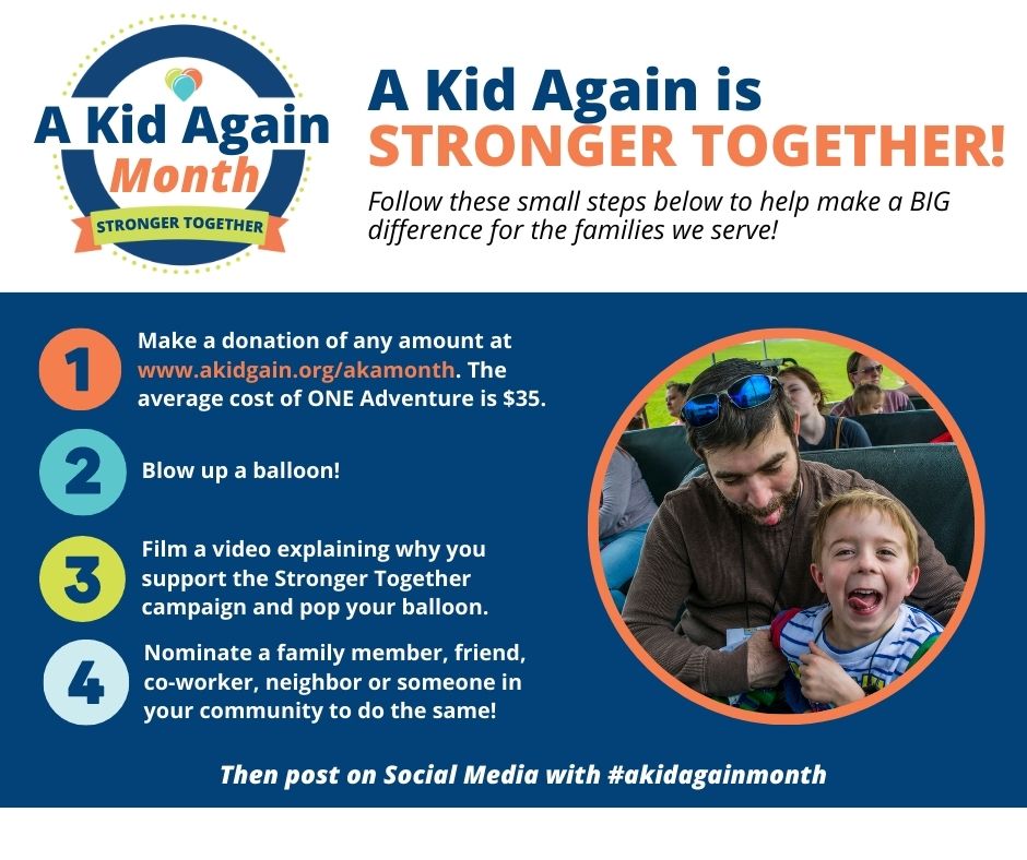A Kid Again Month kicks off today and we want you to get involved!   

Balloons are a huge part of A Kid Again and during the month of April, when you pop a balloon and share your video on social media, you’re supporting a family in your community. 🎈