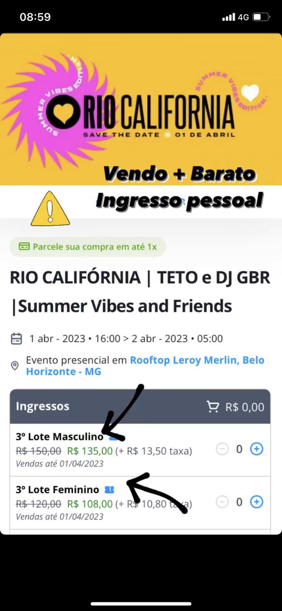 VENDO INGRESSO 
🎟 | Rio California ( Chale, Teto ) 
🗓️ | Sabado 01/04
Instagram - @brenn0u