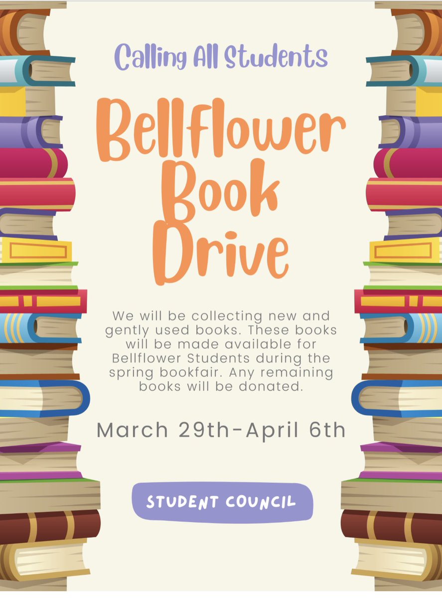 Looking to spring clean this weekend? 🧹 Don’t forget to send in any new or gently used books with your kiddo for the Students Council collection! 📚 #Bellflowerway
