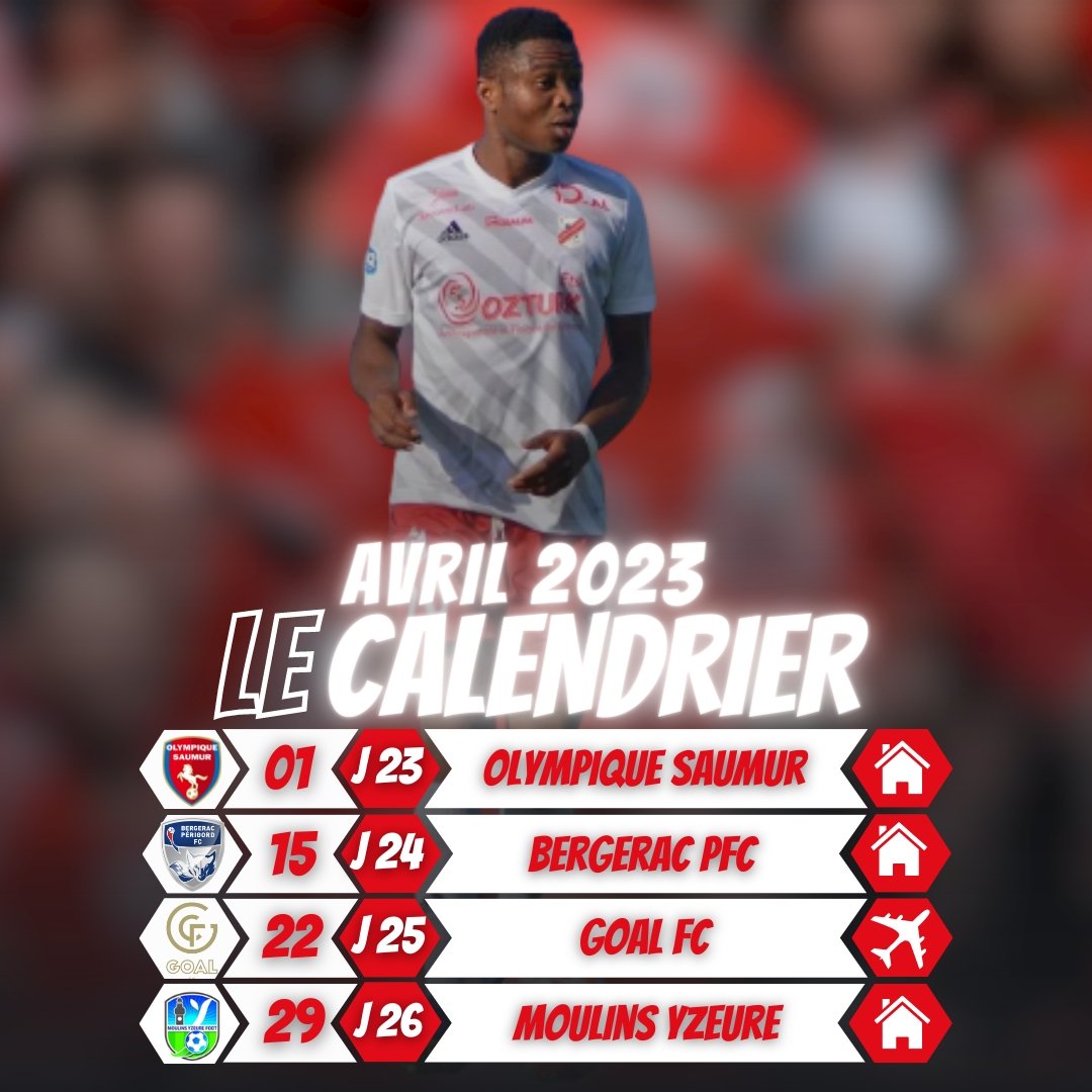 | 📅 CALENDRIER | 

🔎 Découvrez le calendrier de notre #National2 pour ce mois d'Avril! 

Nos #RougeEtBlanc effectueront un déplacement et reçoivent 3️⃣ fois ce mois-ci en commençant par <a href="/OlympiqueSaumur/">Olympique Saumur FC</a> dès aujourd'hui.

#GrandirEnsemble #RedArmy 🔴⚪️