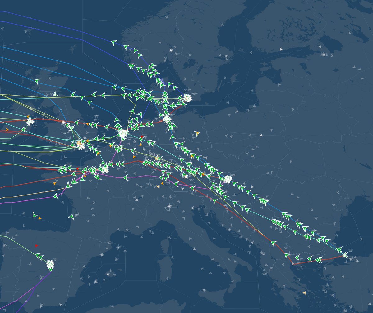 vatsim's tweet image. Cross the Pond 2023 Westbound is underway! It's already starting to look busy over Europe! Best of luck to all the controllers and pilots and enjoy the event! Follow @vatsimctp for the latest information!