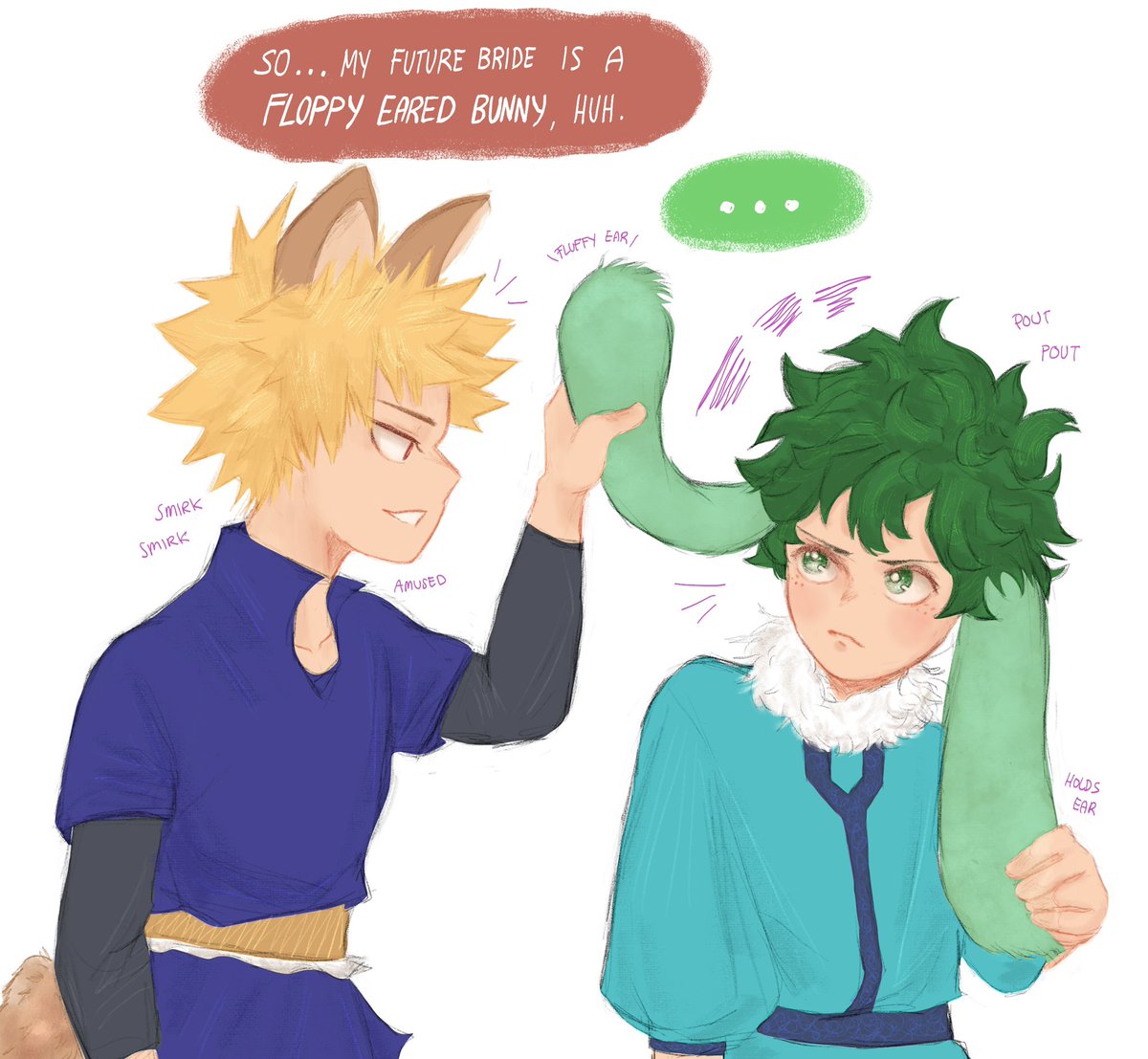 endthisdream's tweet photo. for #ktdkweekly #bkdk 

it’s early but ahhh the bunny theme really got me hyped! 

wolf! kacchan teasing bunny! izu and his long, floppy ears because the truth is kacchan adores zuzu (and finds the ears so damn adorable)

Also!!! Izu is Bakugou’s Beloved Bunny Bride!!! 🐰🐰💕💕 https://t.co/KEuZne7BlJ