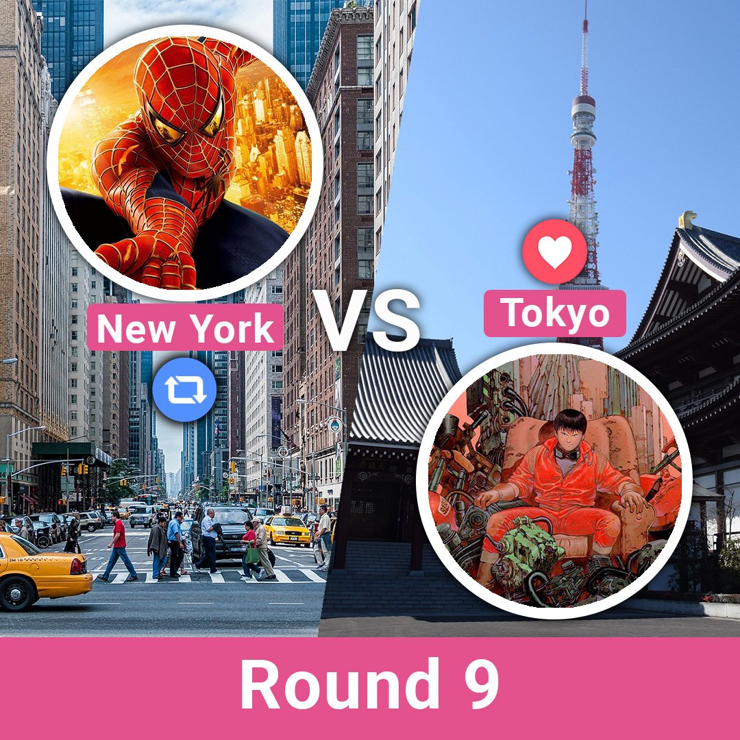 fantrippers's tweet photo. TOURNOI DES VILLES

Qui va sortir vainqueur du tournoi ? Il est l’heure de le découvrir avec le dernier match !

D'un côté, #NewYork représentée par Spider-Man
De l'autre, #Tokyo représentée par Kaneda d'Akira

Quelle ville est selon vous la plus pop ?

À vous de choisir 👊 https://t.co/GFjUbVeGsJ