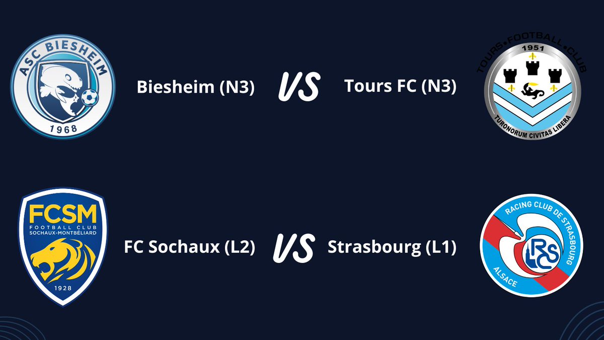 CDF_Tribunes's tweet photo. 🚨 Voici le tirage au sort des 1/2 Finale qui auront lieu ce Mercredi.

👀 Un club amateur sera en finale, et un choc entre Sochaux et Strasbourg pour ces demis ! https://t.co/vHqlTOUmWL