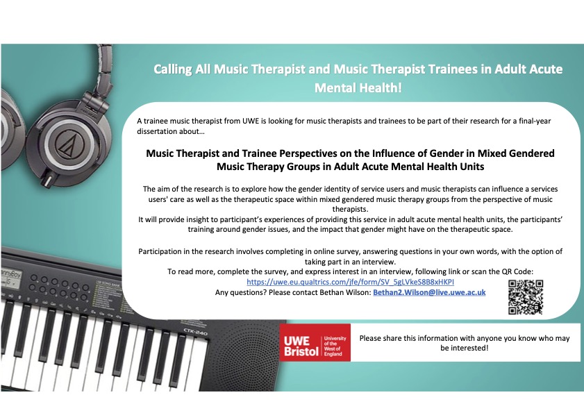 Calling all Music Therapists and Trainees 🎶
I'm seeking participants with experience in providing mixed gendered #groupmusictherapy in Adult Acute Mental Health Units to take part in my MA #MusicTherapy research project survey! 
Click the link below 👇🏻
uwe.eu.qualtrics.com/jfe/form/SV_5g…