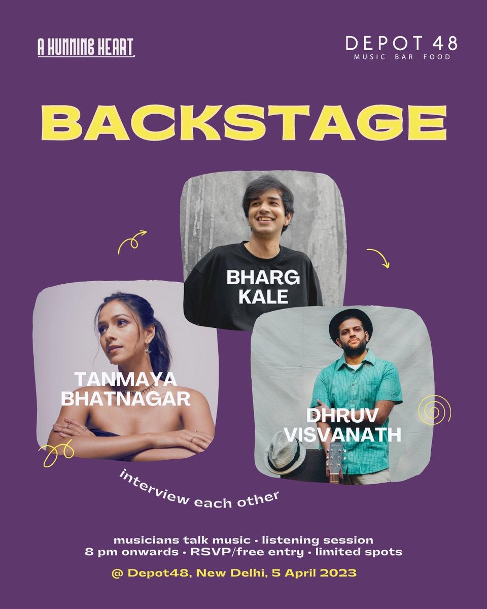 Ready to go backstage again? 

Join us for an intimate evening where we will get to know musicians <a href="/mrdhruvv/">Dhruv Visvanath</a>, Tanmaya Bhatnagar and <a href="/BhargKale/">Bharg</a> like never before!

RSVP now. Free entry. Limited slots available.

bit.ly/AHHBackstage