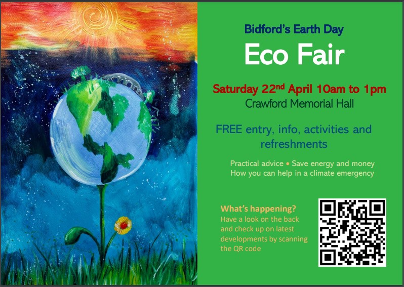 BidfordClimate's tweet photo. On Saturday 22nd April we will be running an Eco Fair at the Crawford Memorial Hall. It is free Entry and everyone is welcome to come a long and find out more about how you can help to save your planet whilst saving your money! https://t.co/TQZjXyPt3Z