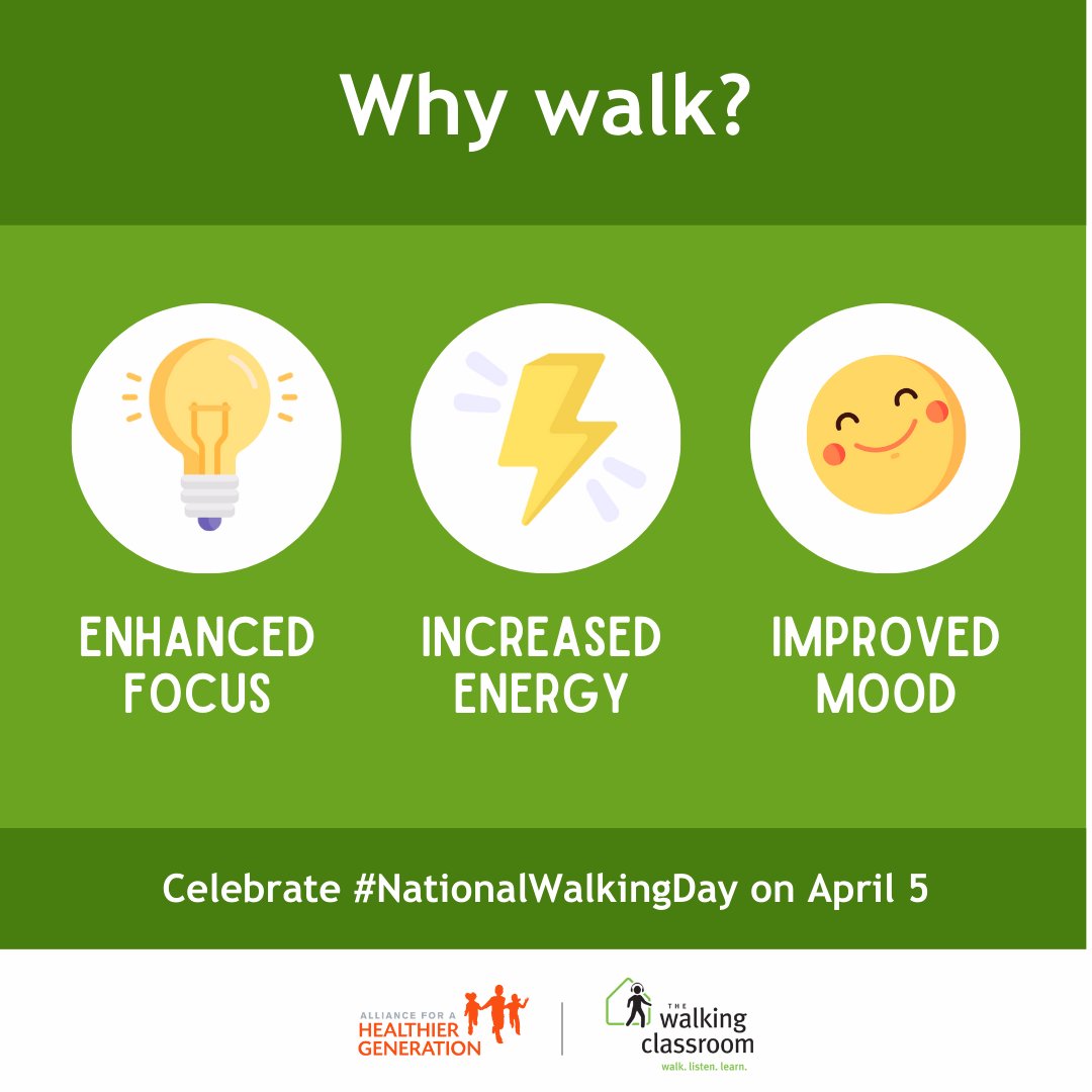 walkingclassrm's tweet image. Lace up those sneakers—#NationalWalkingDay is almost here! Learn how walking regularly can improve students' physical, academic, and social-emotional well-being. ow.ly/zKvQ50NxeFk  @HealthierGen  #walkmore #walklistenlearn #TheWalkingClassroom