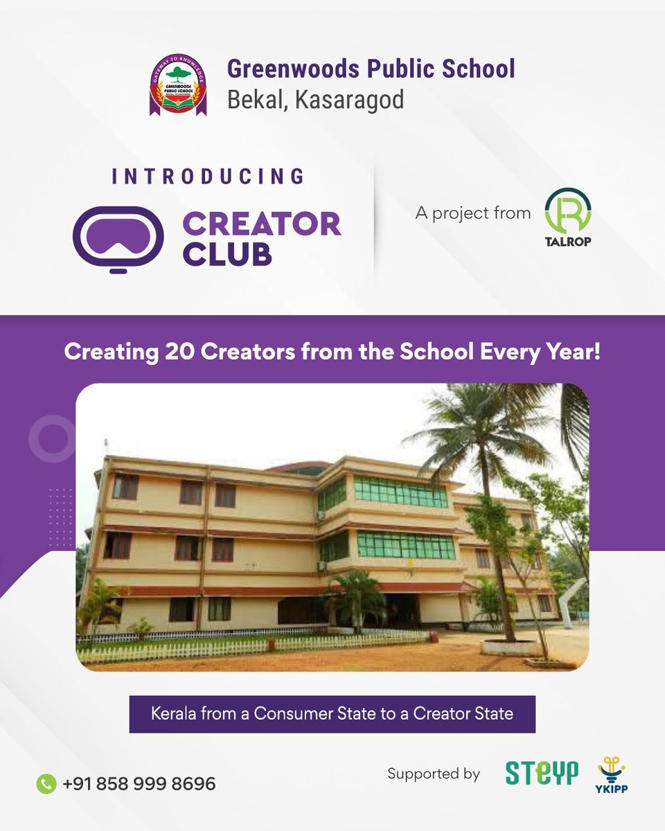 YkippOfficial's tweet photo. To transform Kerala from a consumer state to a creator state, Talrop is implementing Creator Club programme in selected 2,100 schools of Kerala.  

Greenwoods Public School Bekal, Kasaragod is pledging 20 creators from the school.

#talrop #ykipp #steyp #creatorclub https://t.co/OCBeiJM4oy