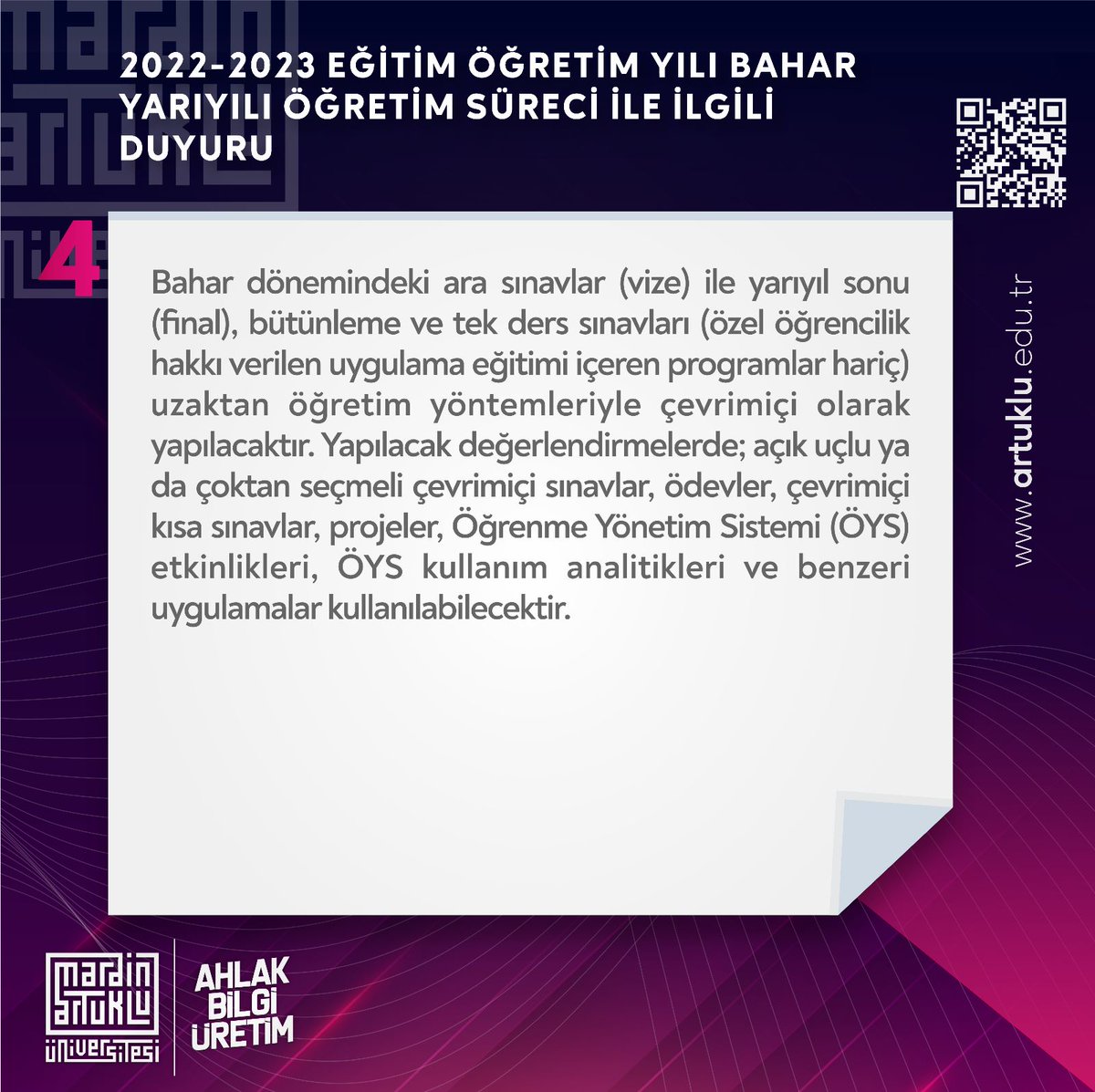DUYURU...❗
'2022-2023 Eğitim Öğretim Bahar Dönemi' ile ilgili Yükseköğretim Kurulu kararları doğrultusunda Üniversitemiz Senatosu tarafından Bahar Dönemi Eğitim Öğretim sürecine dair uygulama esasları 03.04.2023 tarihi itibarıyla aşağıdaki gibi belirlenmiştir.
<a href="/ibrahimozcosar/">ibrahim özcoşar</a>