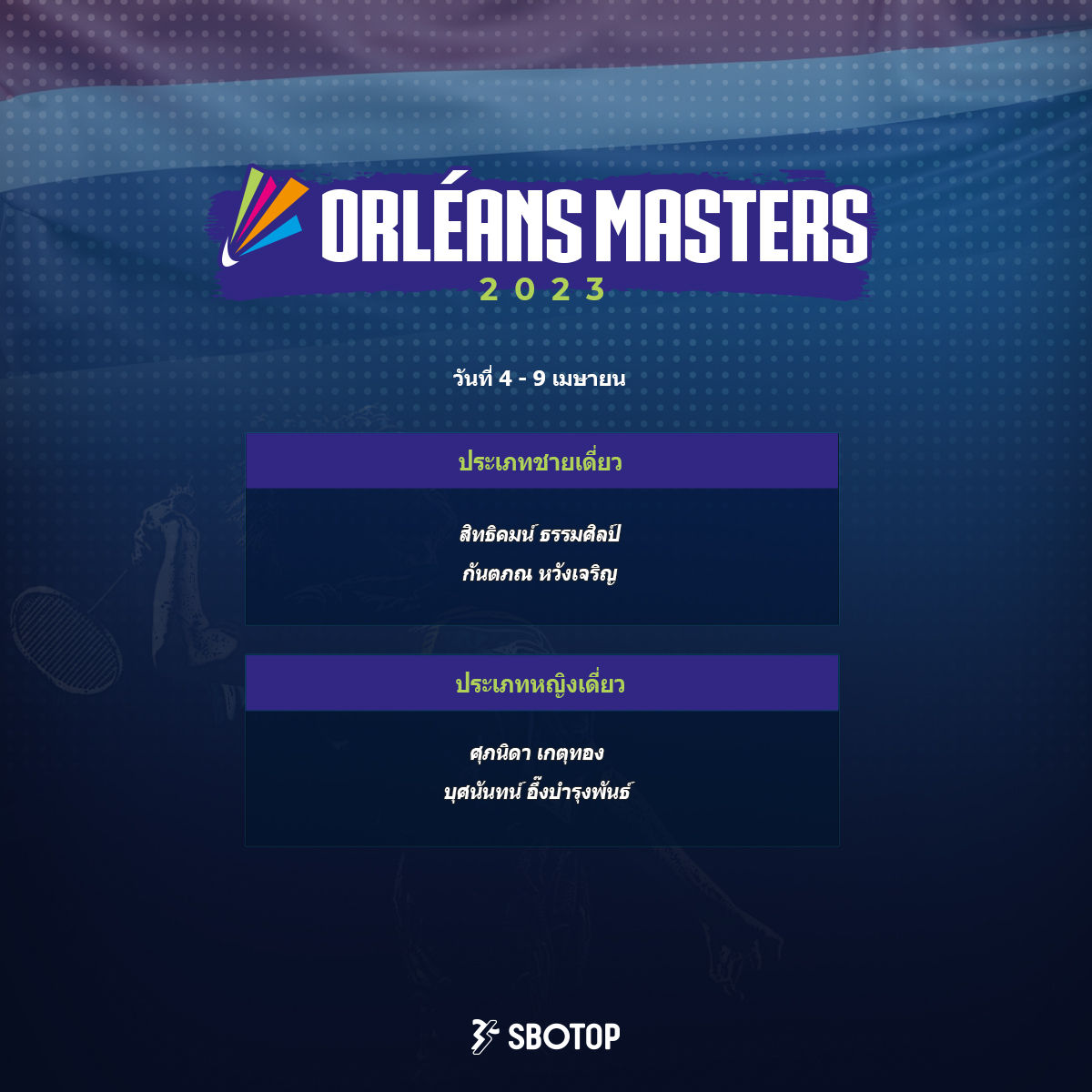 sbotopthailand's tweet image. The #BWFWorldTour continues as the next stop is #OrleansMasters.

Can Team Thailand make it to the podium?