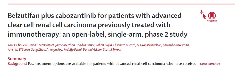 DrChoueiri's tweet photo. 1/ Excited to share with you our most recent study in @TheLancetOncol assessing the combination of belzutifan + cabozantinib in patients with advanced #RCC previously treated with immunotherapy #IO @DanaFarber @OncoAlert 

https://t.co/4o2OHXlNya

Summary in the thread below 🧵 https://t.co/Mcqp9y1pD6