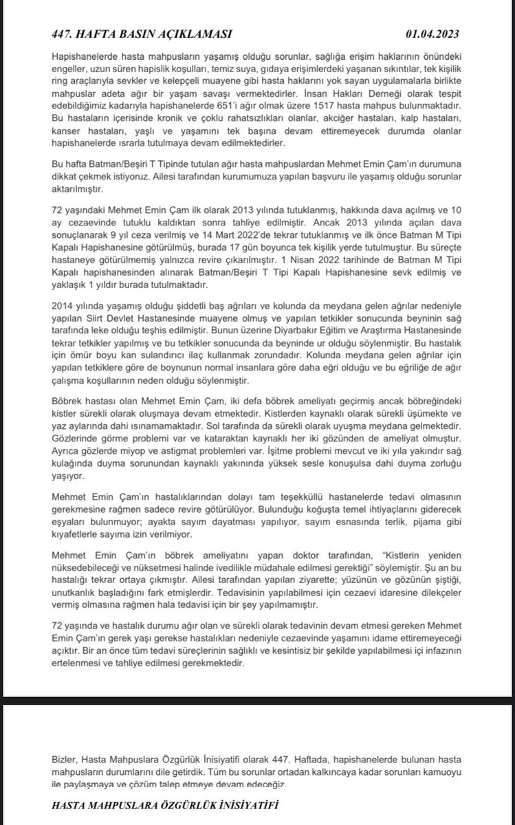 ihdankara's tweet photo. Hasta Mahpus Mehmet Emin Çam için yaptığımız basın açıklaması.
#HastaMahpuslaraÖzgürlük
#MehmetEminÇam https://t.co/TxwtjHUfDD