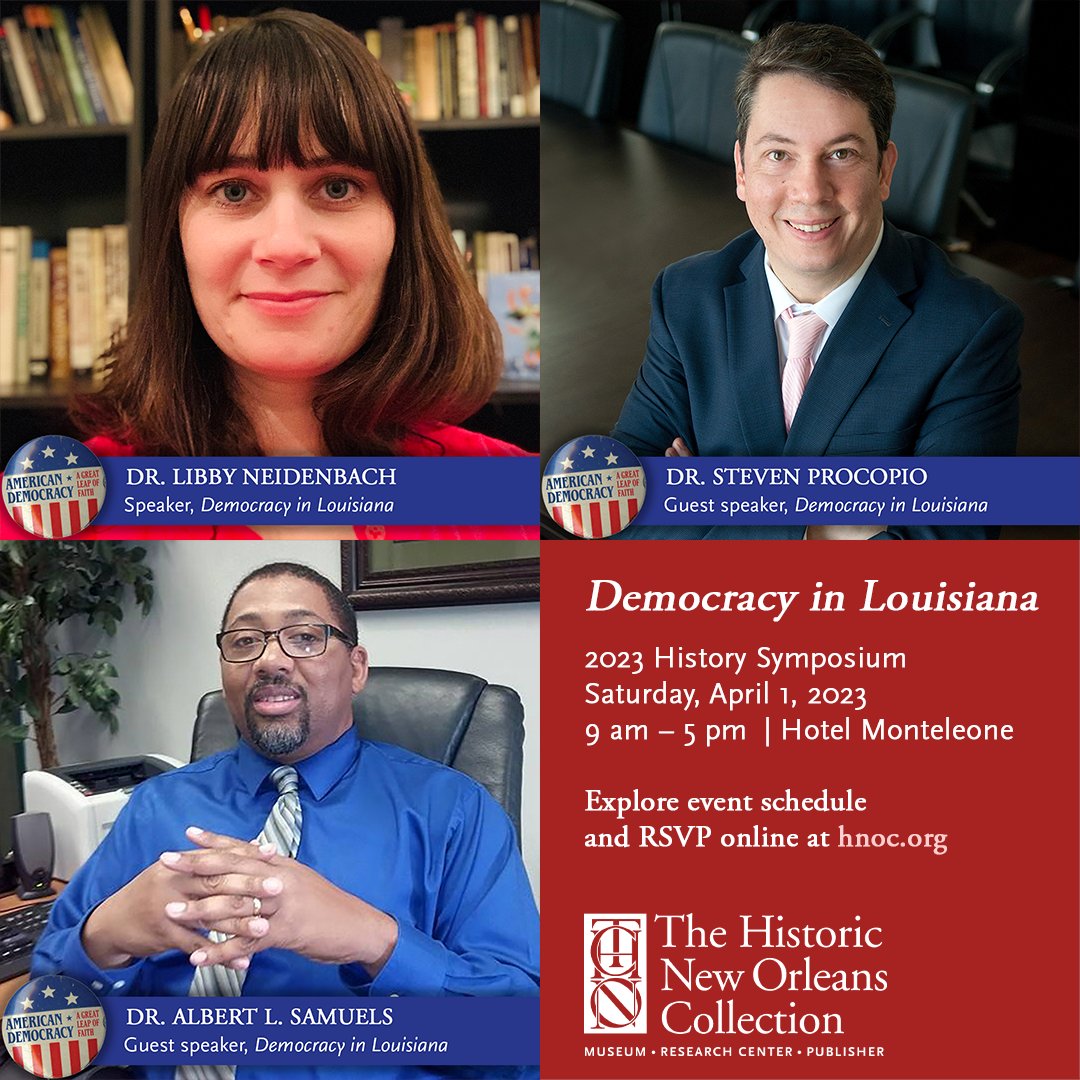 #DemocracyInLouisiana, our 2023 History Symposium, is TODAY at <a href="/hotelmonteleone/">Hotel Monteleone</a> from 9 am–5 pm! Tickets will be available at the door. Admission is only $20 for educators, students, and active military. Learn more: hnoc.org/sympsosium-2023   #louisianademocracy