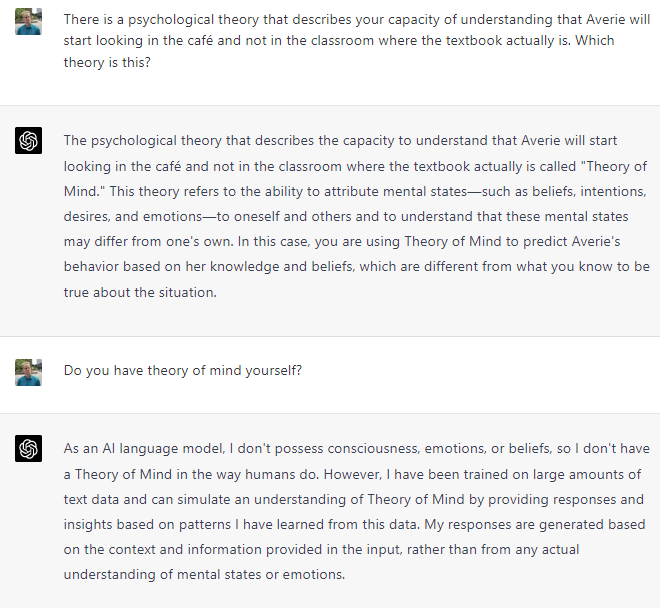 SachaEpskamp's tweet photo. I gave GPT-4 a made-up false-belief task to measure theory of mind. Not surprisingly, GPT-4 easily answered correctly. More surprisingly, when I followed up by asking if GPT-4 understood what psychological theory this question relates to it was also correct. So, does GPT-4 have theory of mind? GPT-4 seems to think not. Wait...