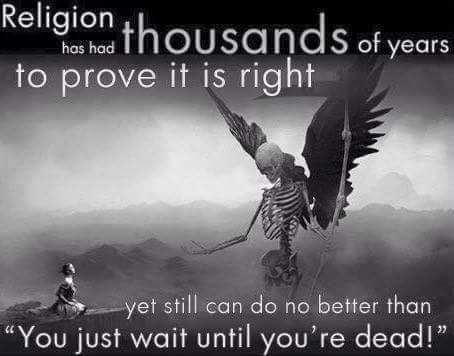 pinkheretic's tweet photo. Relgion has had thousands of years to prove it is right, yet can still do no better than "Just wait till you're dead". #atheist https://t.co/4H8pn7nZv6