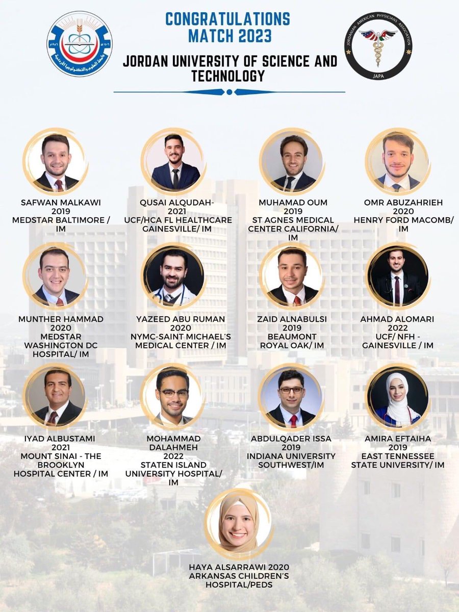 Amer Zeidan MBBS,MHS عامر زيدان (@dr_amerzeidan) on Twitter photo Congrats to an amazing group of 🇯🇴 #IMG doctors from JUST (Jordan University of Science & Technology) who matched in #Match2023 #ERAS in US residency programs. 
<a href="/JUSTEDUJO/">Jordan University of Science and Technology JUST</a> is one of the best universities in the region with many outstanding graduates specializing in USA programs. Congrats to an amazing group of 🇯🇴 #IMG doctors from JUST (Jordan University of Science & Technology) who matched in #Match2023 #ERAS in US residency programs. 
<a href="/JUSTEDUJO/">Jordan University of Science and Technology JUST</a> is one of the best universities in the region with many outstanding graduates specializing in USA programs.
