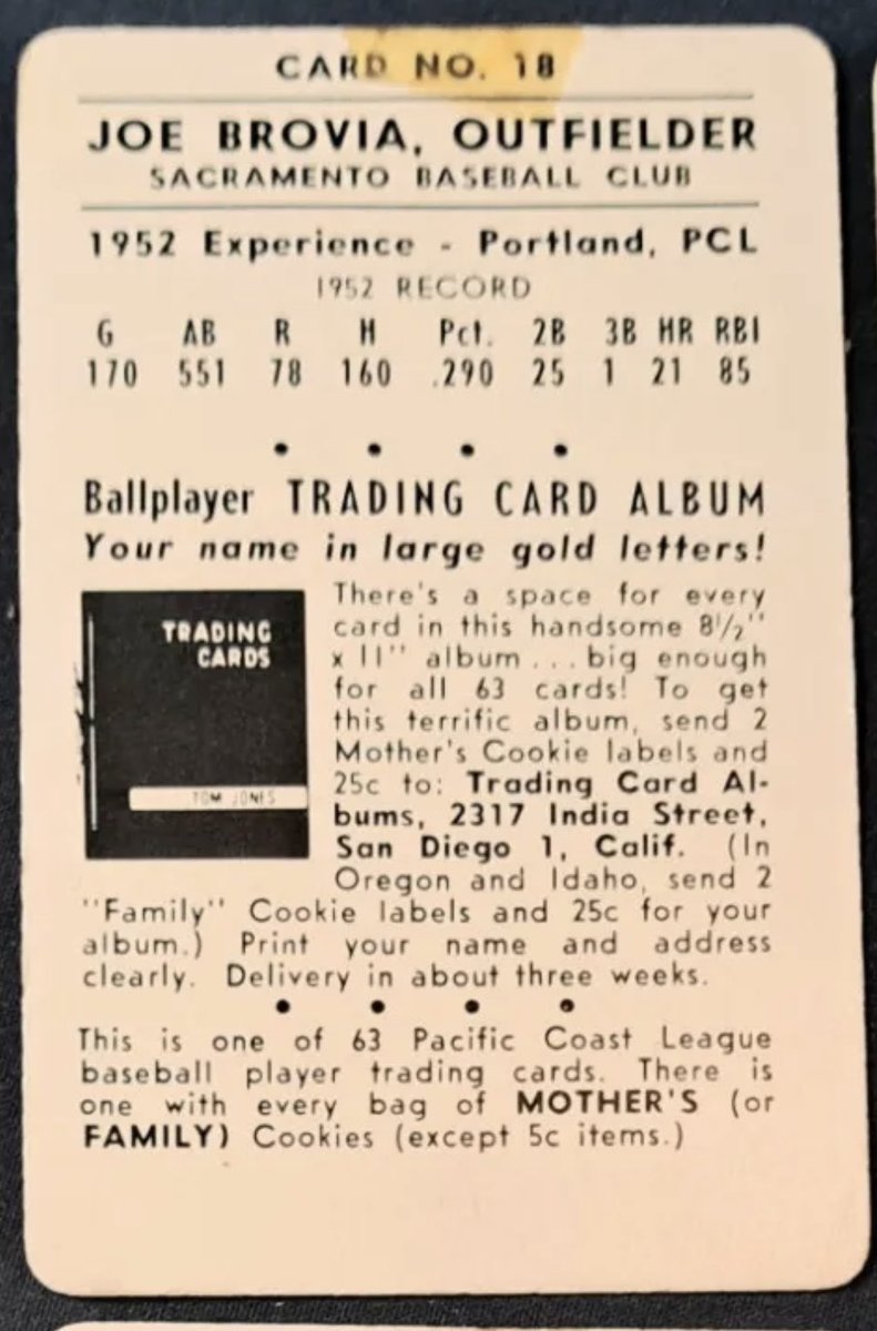 CardboardHistry's tweet photo. I love reading about heyday of #PacificCoastLeague, its players, teams & stadia. Got this ‘52 #MothersCookies of prolific PCL hitter Joe Brovia: .311 career minors BA. Fans loved his HRs over 4-story high “Green Monster” at #SealsStadium. Got 21 MLB PAs w/ ‘55 #Reds. #Solons https://t.co/hK0iPhDneC