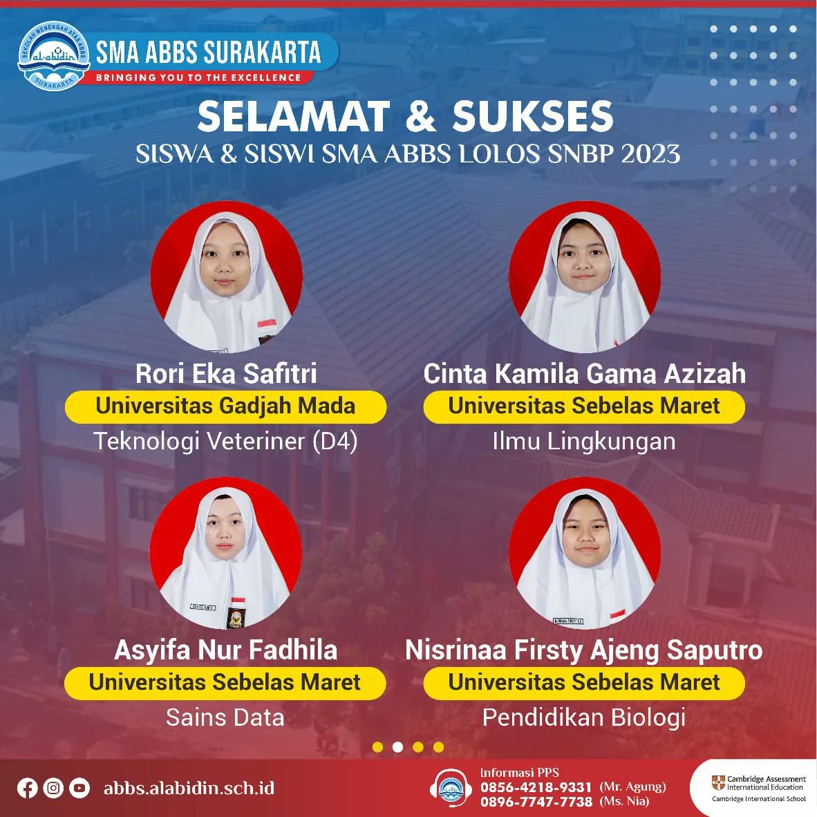 SMAABBS's tweet photo. PENGUMUMAN SNBP 2023

Alhamdulillah.. Barokallah kepada ananda siswa level XII yang telah dinyatakan lolos dalam Seleksi Nasional Berdasar Prestasi (SNBP) 2023
Semoga kebarokahan ilmu akan menyertai setiap langkahmu.

#snbp2023
#victorymyabbs
#smaabbssurakarta
#joinabbs https://t.co/fbycQgOB6E