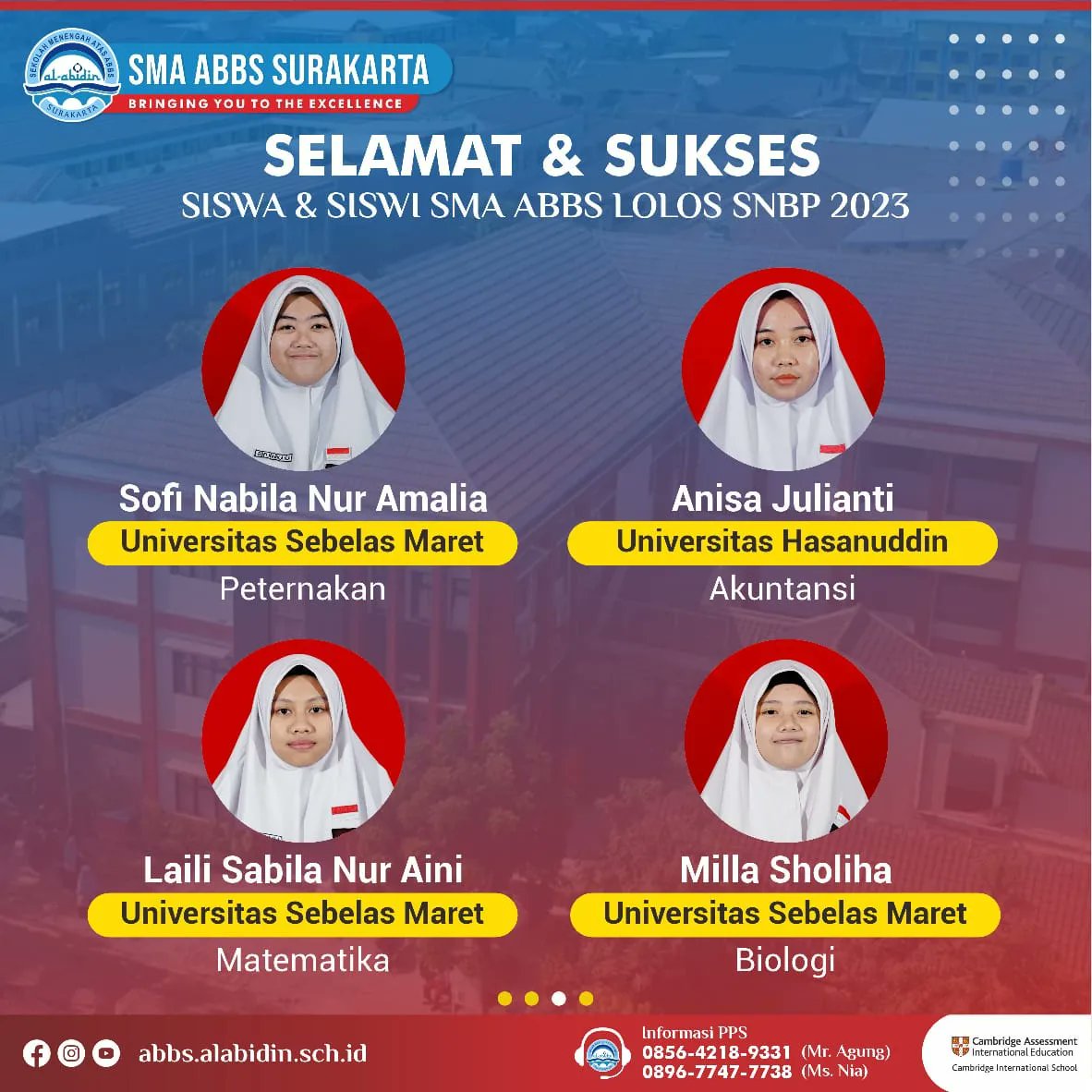 SMAABBS's tweet photo. PENGUMUMAN SNBP 2023

Alhamdulillah.. Barokallah kepada ananda siswa level XII yang telah dinyatakan lolos dalam Seleksi Nasional Berdasar Prestasi (SNBP) 2023
Semoga kebarokahan ilmu akan menyertai setiap langkahmu.

#snbp2023
#victorymyabbs
#smaabbssurakarta
#joinabbs https://t.co/fbycQgOB6E