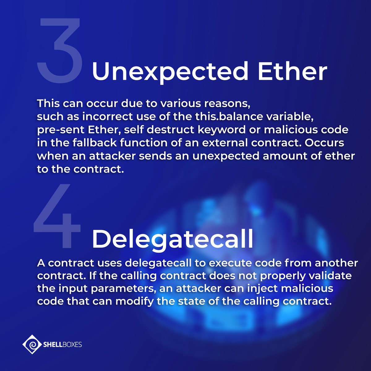 ShellBoxes's tweet photo. #Solidity attacks can pose a significant threat to the security of #Web3 applications. At Shellboxes, we understand the importance of protecting your digital assets.

Here are 5 most common Solidity attacks explained:

#cybersecurity #blockchain #development #Shellboxes https://t.co/jurOnRk5hN