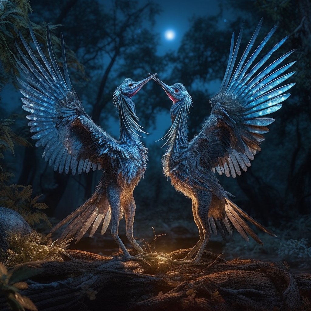 NimbusTerra's tweet photo. Beneath the shimmering night sky, we're captivated by the Skydancers' courtship.

Their wings glow ethereal blue as one offers a bioluminescent yellow bug to a potential mate.

The other accepts, cradling the prize near her talons.

They dance gracefully, an enchanting ballet.💙 https://t.co/3dIHR5yIYW