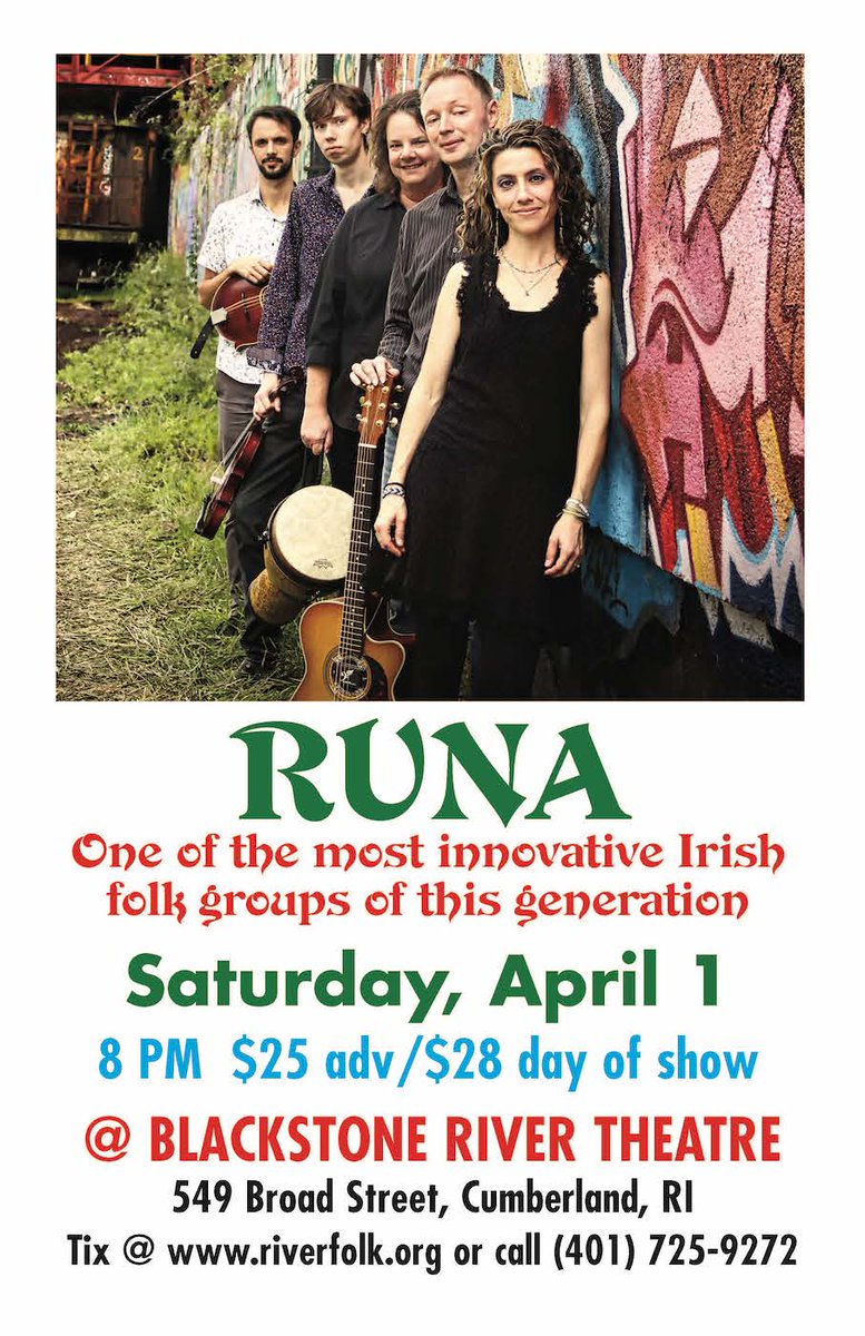 TheBostonIrish's tweet photo. Tonight! Saturday, April 1, @BRTRiverfolk in #CumberlandRI presents the great Irish band Runa at 8 pm. @IrishEcho @RITourism @ccebostonorg  https://t.co/8uaBSg3O93 https://t.co/XDhUxqjVY1