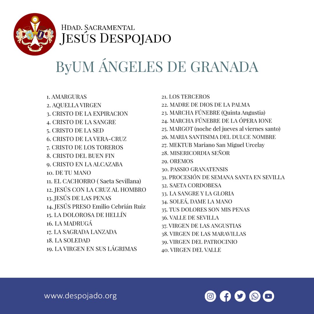 HdadDespojado's tweet photo. A falta de horas que nos separan de nuestro Domingo de Ramos, este sera el repertorio que interpreten @DespojadoGR y @BMAngelesGR tras Nuestros Sagrados Titulares.
#SacramentalDespojado #DespojadoGranada #Despojado #DulceNombre #Figares #Domingo #DomingodeRamos #SemanaSanta https://t.co/lNSf1aNdn5