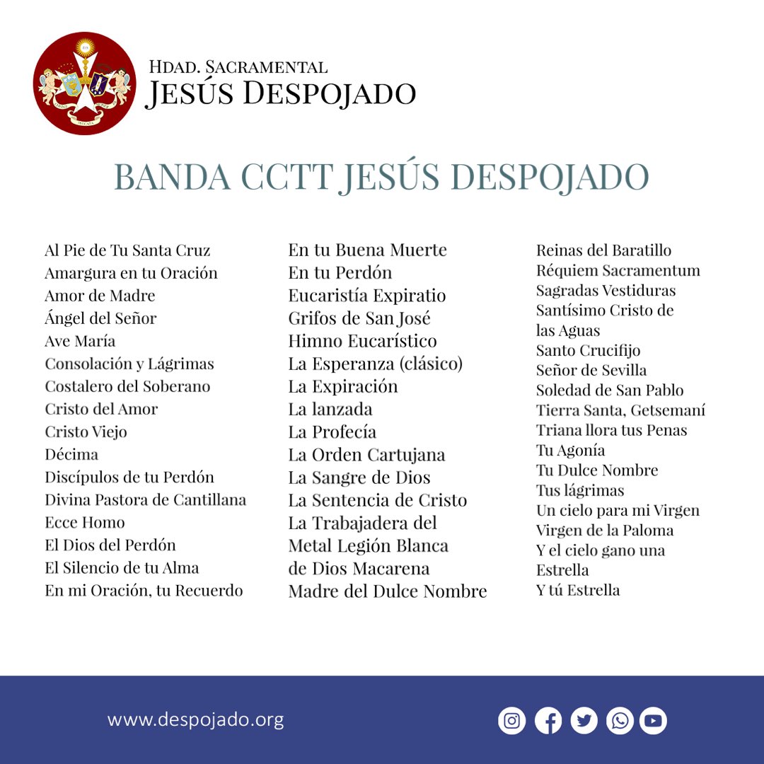 HdadDespojado's tweet photo. A falta de horas que nos separan de nuestro Domingo de Ramos, este sera el repertorio que interpreten @DespojadoGR y @BMAngelesGR tras Nuestros Sagrados Titulares.
#SacramentalDespojado #DespojadoGranada #Despojado #DulceNombre #Figares #Domingo #DomingodeRamos #SemanaSanta https://t.co/lNSf1aNdn5