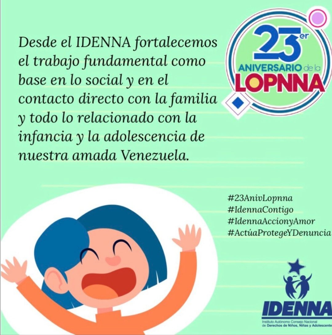 Desde el IDENNA fortalecemos el trabajo fundamental como base en lo social y en el contacto directo con la familia y todo lo relacionado con la infancia y adolescencia de Venezuela.

#IdennaContigo
#LOPNNA23A
#IdennaProtege