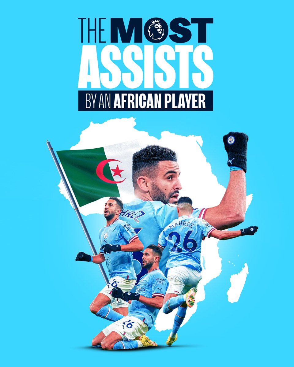 ManCity's tweet photo. 🇩🇿 @Mahrez22 🪄

Most @premierleague assists by an African player! ⭐️

🔵 2-1 🔴 #ManCity https://t.co/iHvWJdC5VM