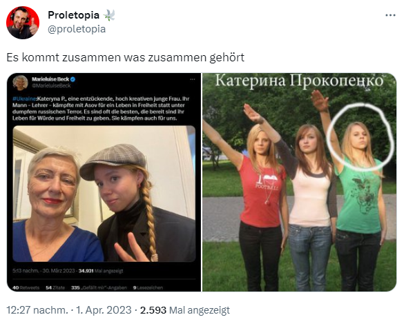 Alert4_Alert4's tweet photo. Der rechte Verschwörungsideologe Ervin Tahirovic aka. Proletopia verbreitet wieder Kreml-FakeNews

Das Bild rechts ist eine Propaganda-Falschmeldung, die bereits seit Mai 2022 debunked ist. Proletopia nutzt das Bild, um @MarieluiseBeck &amp; den Grünen eine Nähe zu Nazis anzudichten. https://t.co/qmQDr0dveg