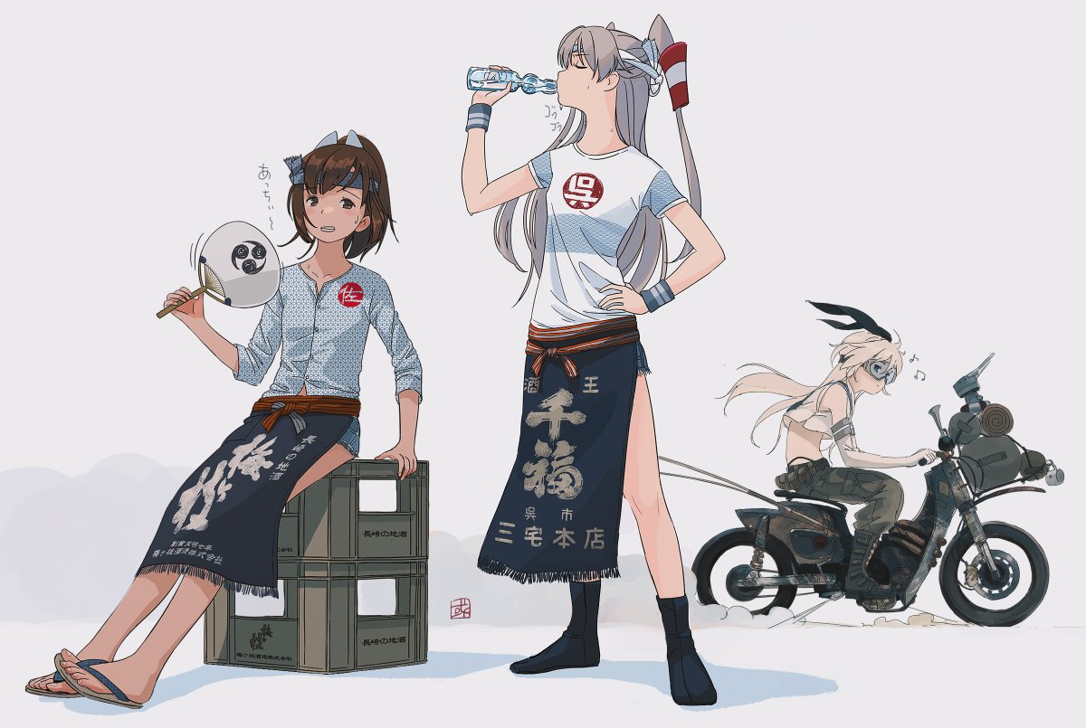 shimakaze (kancolle) multiple girls long hair ground vehicle brown hair ramune short hair two side up  illustration images