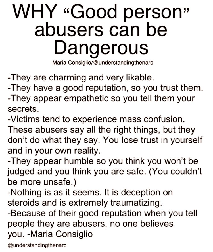 AwareOfTheNarc's tweet photo. The “good guy” narcissist is extremely dangerous. They purposefully act like kind &amp; caring people, but it is an act. Their actions don’t match their words. Until victims realize this, they will internalize the abuse, believing they did something wrong. This is done intentionally. https://t.co/fUv8gponQz