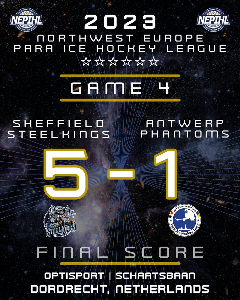 🚨 GAME 4 FINAL SCORE 🚨

Sheffield Steelkings - 5
Antwerp Phantoms - 1

#NEPIHL #ParaIceHockey