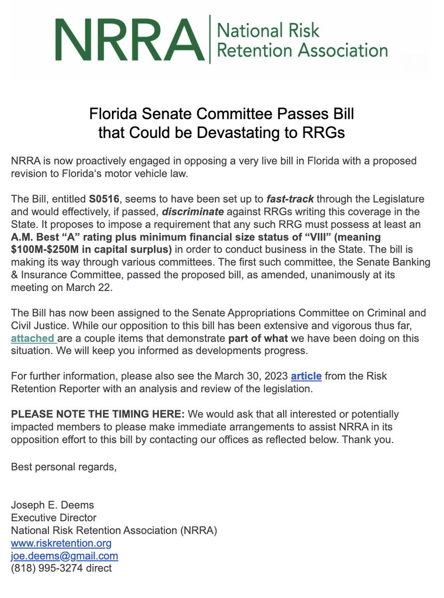 NRRA_info's tweet image. NRRA is proactively engaged in opposing Senate Bill (S0516), which is rapidly making its way through and would discriminate against RRGs writing motor vehicle coverage in the state of Florida. bit.ly/40zo8fR #motorvehicleinsurance #insurance #floridasenate