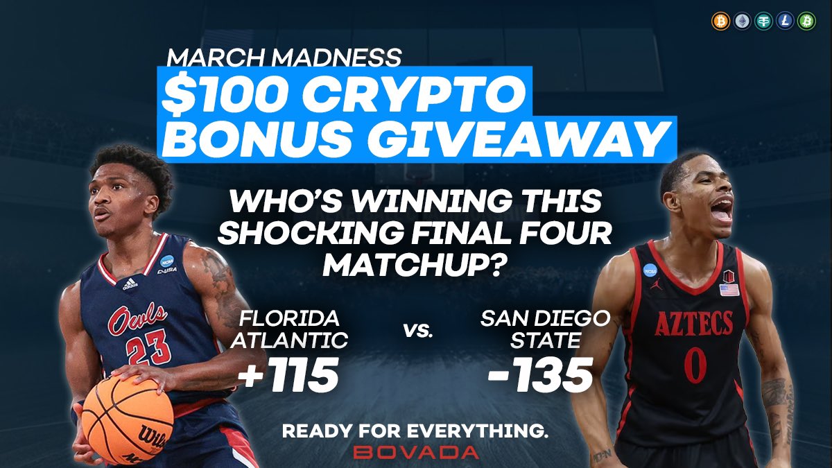 Bovada_Casino's tweet photo. 🏀$100 Crypto Bonus Giveaway🏀

To enter 🔁 &amp; follow Us
+ Tell us FAU or SD State 🤔 

One correct answer wins a $100 crypto bonus!

#MarchMadness lines ➡️ https://t.co/1SeabTY9Zr

See our IG &amp; FB for MORE crypto giveaways!

Terms: https://t.co/7wWEnNNwF4 https://t.co/86g7BGURcw