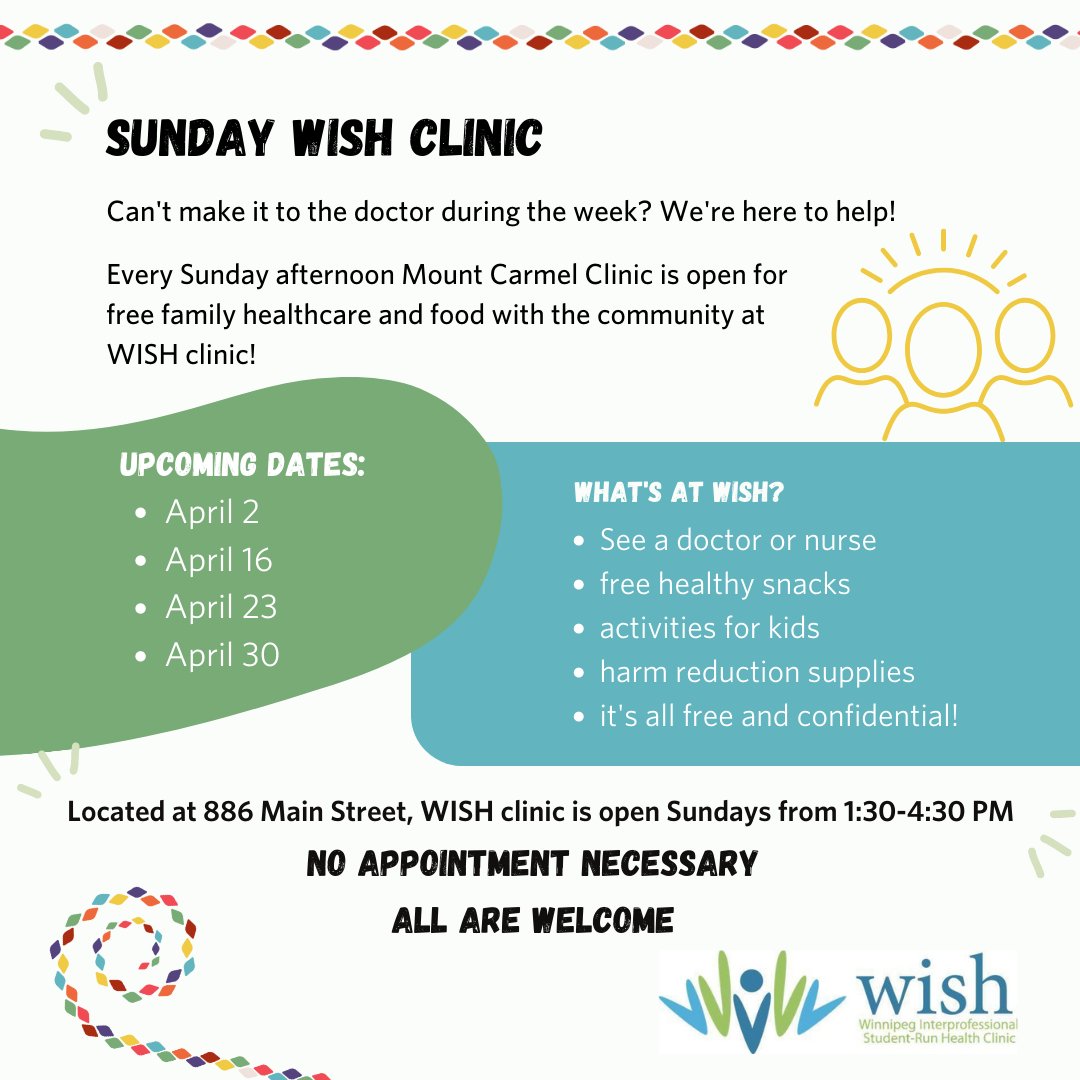 mountcarmelwpg's tweet photo. Come to 886 Main St. tomorrow afternoon from 1:30-4:30 PM for free family healthcare and food with the community! 
WISH  is an inter-disciplinary team of healthcare students and staff that offer a range of health care services to the community on Sundays. https://t.co/QIT3p5H3l0