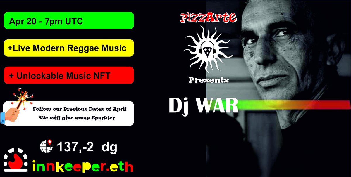 innkeeperdoteth's tweet photo. NEW EVENT! April 20 - 7PM UTC in #Decentraland
#DJWar is bringing some reggae to DCL this 4/20! Organized via @PiZzArteItaly
🤳tag @PiZzArteItaly @innkeeperdoteth with selfie and addy during event for airdrop
https://t.co/53DfpsqzAv https://t.co/8JUvjDLcvA