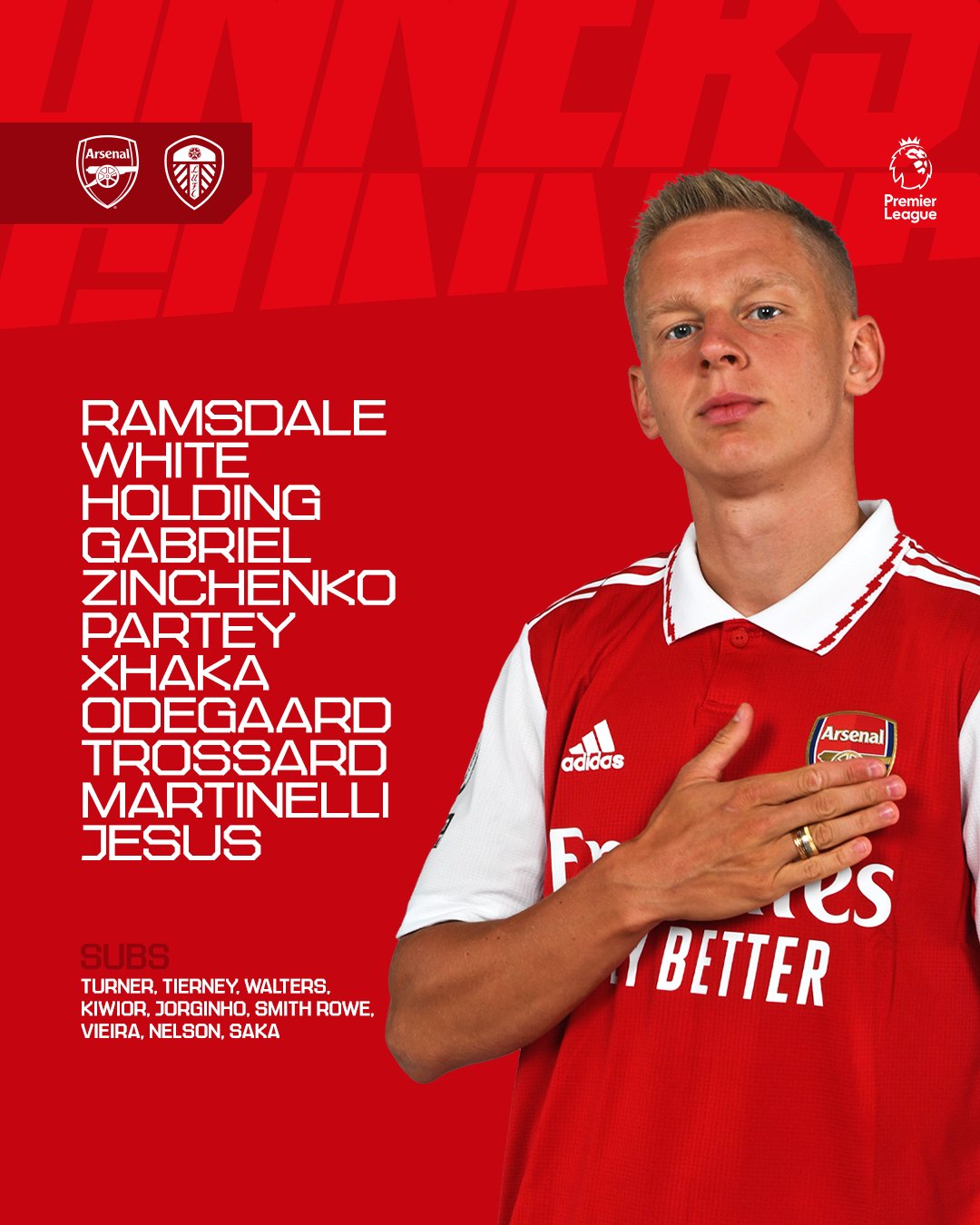 Starting XI: Ramsdale, White, Holding, Gabriel, Zinchenko, Partey, Xhaka, Odegaard, Trossard, Martinelli, Jesus. Subs: Turner, Tierney, Walters, Kiwior, Jorginho, Smith Rowe, Vieira, Nelson, Saka.