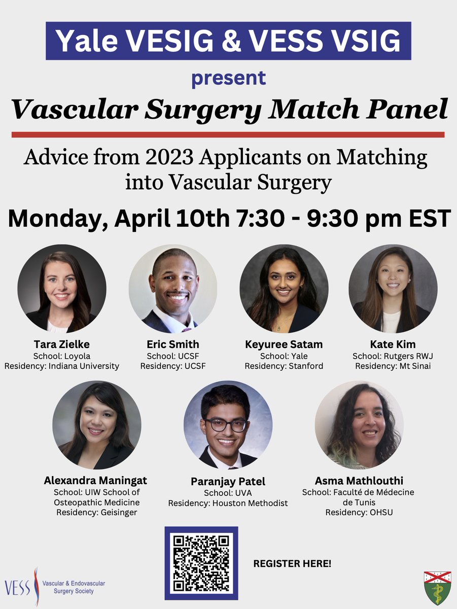 Register for the upcoming Vascular Surgery Post-Match Panel! Monday 4/10 @ 7:30pm EST. Get the inside scoop from incoming #Match2023 integrated vasc residents! @VESurgery @YaleVascular @VascularSVS @VascularEVS @MWVSSociety @WestVascular @NewEnglandVasc @FutureVascSurgn