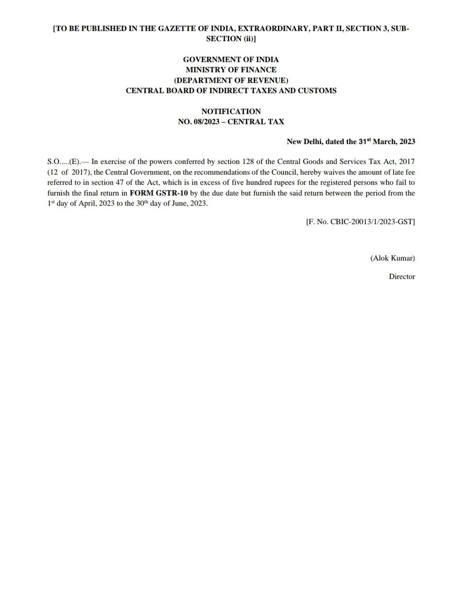 Amnesty to GSTR-10 non-filers
Notification No.08/2023 Central Tax

Maximum Late fee for Final Return GSTR 10 will be Rs.1,000 if filed between 01/04/23 to 30/06/23

#gst #cbic #gstamnesty #getsettax