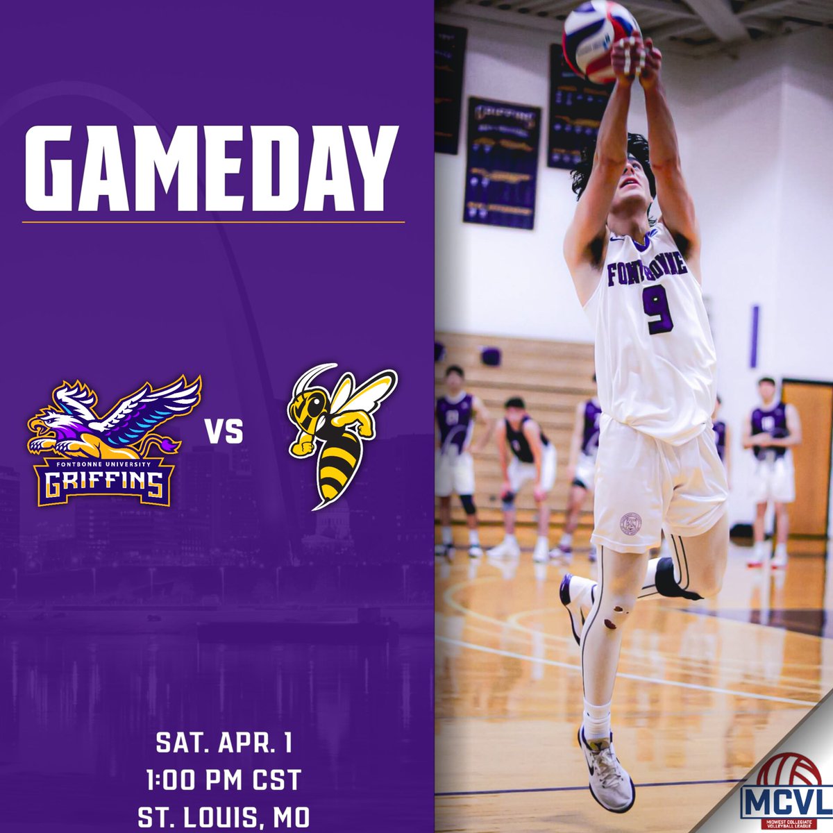 MCVL GAME DAY! 

🆚 Baldwin Wallace 
⏰ 1:00 PM CST
📍 HOME 
📺 Link to watch on our online schedule!

#fbumvb #fontbonne #volleyball #ncaa #ncaavolleyball #mensvolleyball #mcvl #stl #griffins